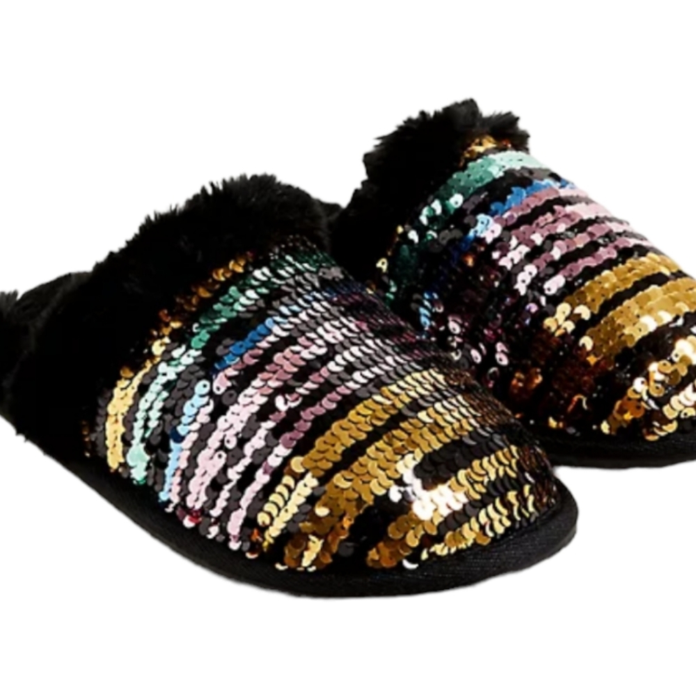 Torrid Multi-Colored Sequined Black Faux Fur Trim Slippers
